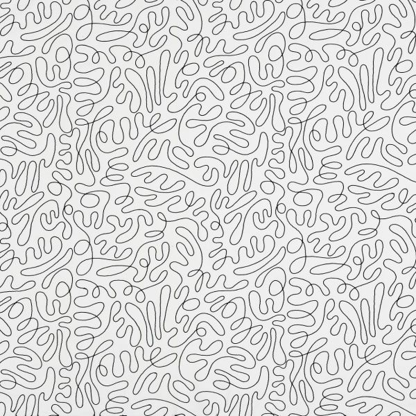 Black continuous squiggle-line pattern across the frame (organic rounded motifs); the lines loop and interconnect, repeating seamlessly over a flat white background, resembling printed wallpaper.