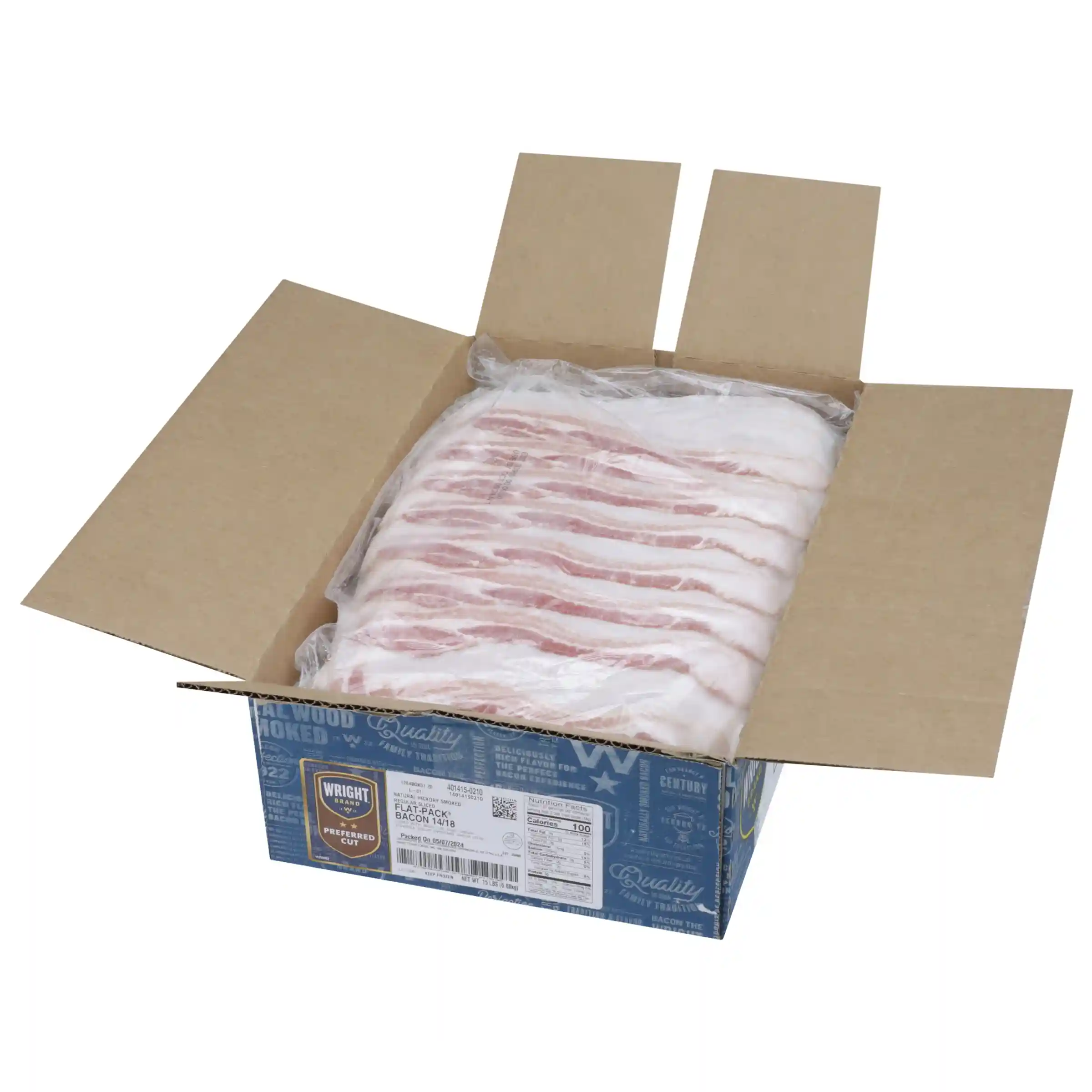 Wright® Brand Naturally Hickory Smoked Regular Sliced Flat-Pack® Bacon, 15 Lbs, 14-18 Slices per Pound, Frozen_image_4