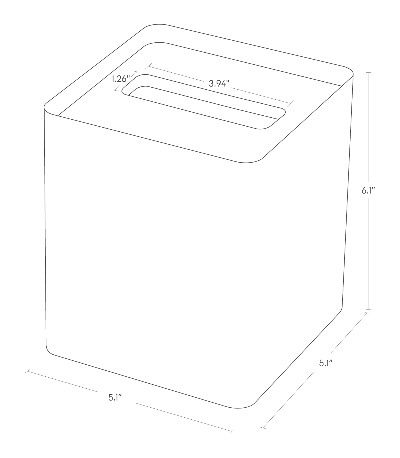 Image dimensionnelle pour le couvercle de boîte à mouchoirs - carré montrant une longueur/largeur totale de 5,1" et une hauteur de 6,1". Dimensions du trou intérieur de 1,26" et 3,94".