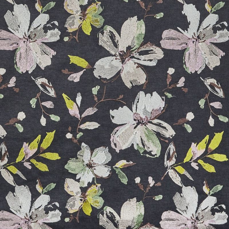 Dark charcoal textile featuring embroidered pastel floral motifsâ€”large, sketchy blossoms and leavesâ€”repeating across the surface, creating a soft, vintage botanical pattern in muted pinks, greens, and yellow.