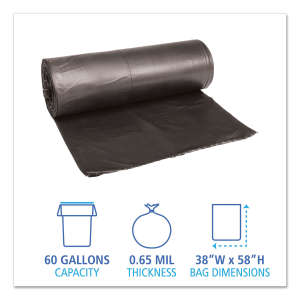 Boardwalk,  LLDPE Liner, 60 gal Capacity, 38 in Wide, 58 in High, 0.65 Mils Thick, Black