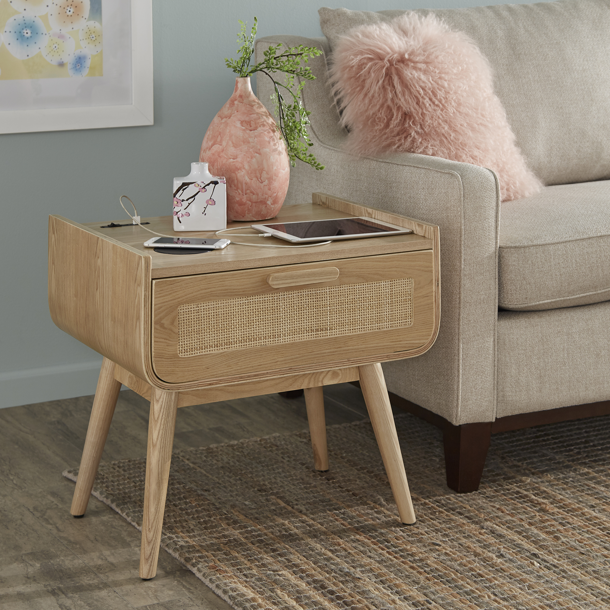 Natural Finish End Table With Wicker Drawer Front & Wireless Charger