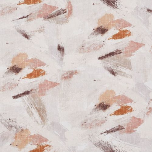 Abstract wallpaper with scattered diagonal brushstrokes in peach, terracotta, taupe and brown; layered and crosshatched to appear textured and worn, on pale cream background suggesting softly lit interior surface.