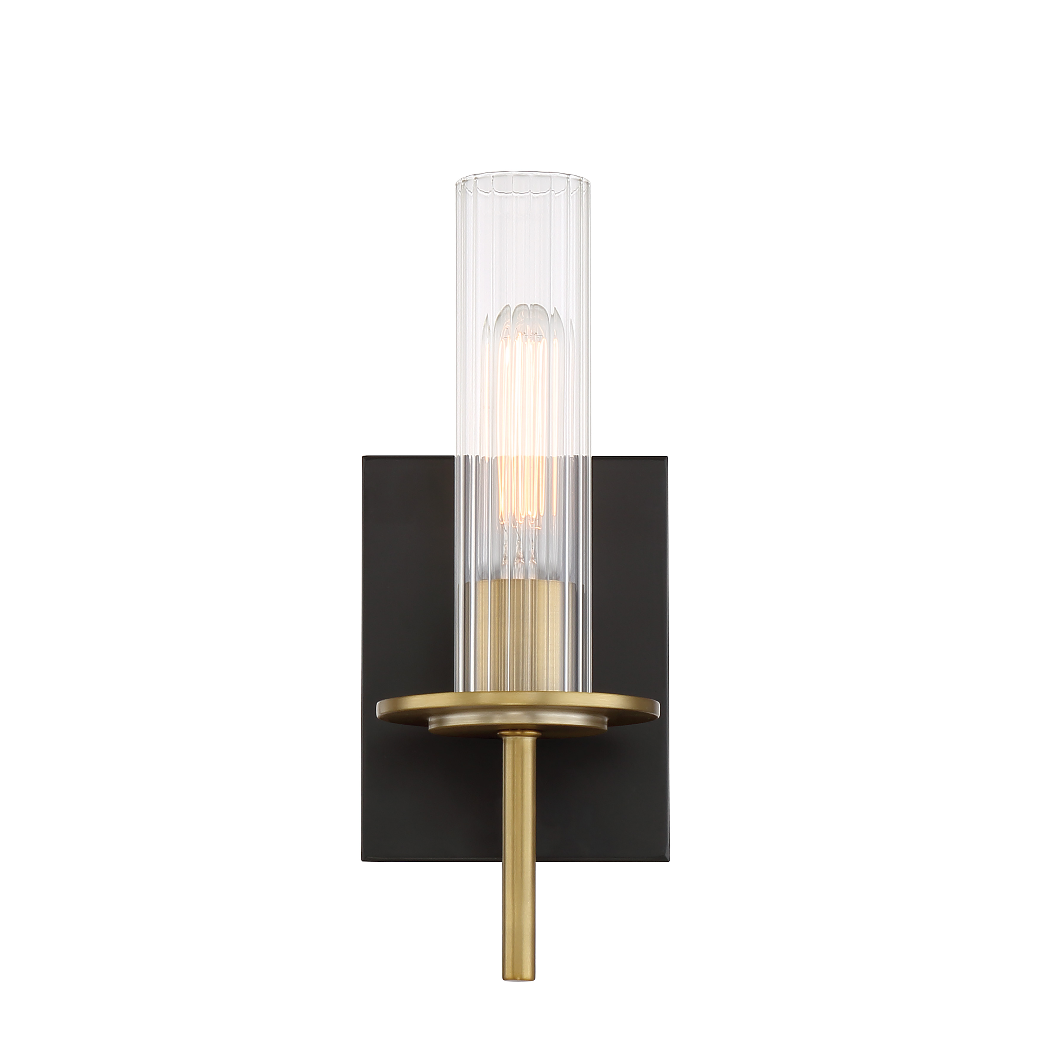 The Baldwin Park bath light combines traditional styling with modern functionality. Its coal black finish paired with soft brass accents and clear ribbed glass creates timeless appeal perfect for bathroom vanities. - alternate view