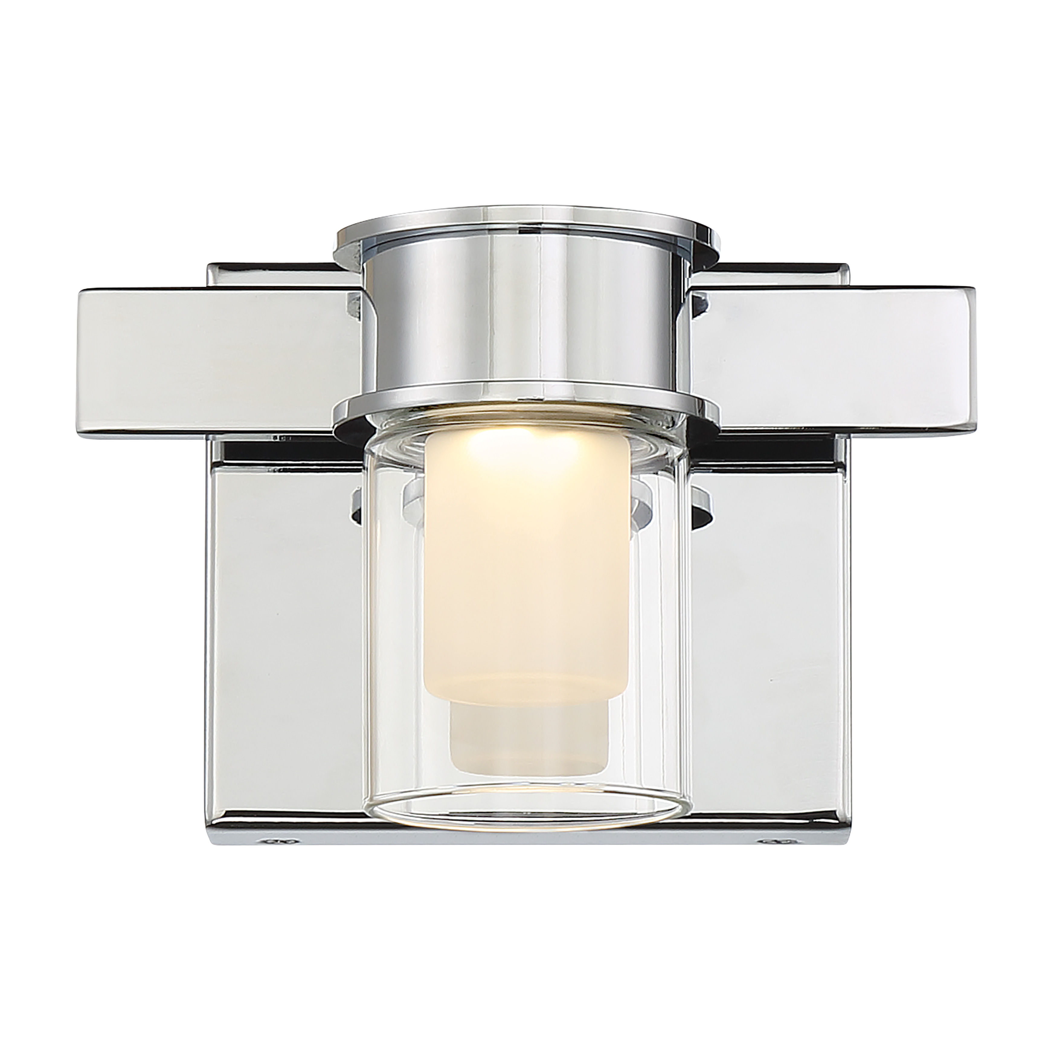 The Herald Square LED bath light combines contemporary chrome styling with integrated LED technology. Its compact 7-inch width and clear glass shade deliver focused task lighting ideal for modern bathrooms. - alternate view