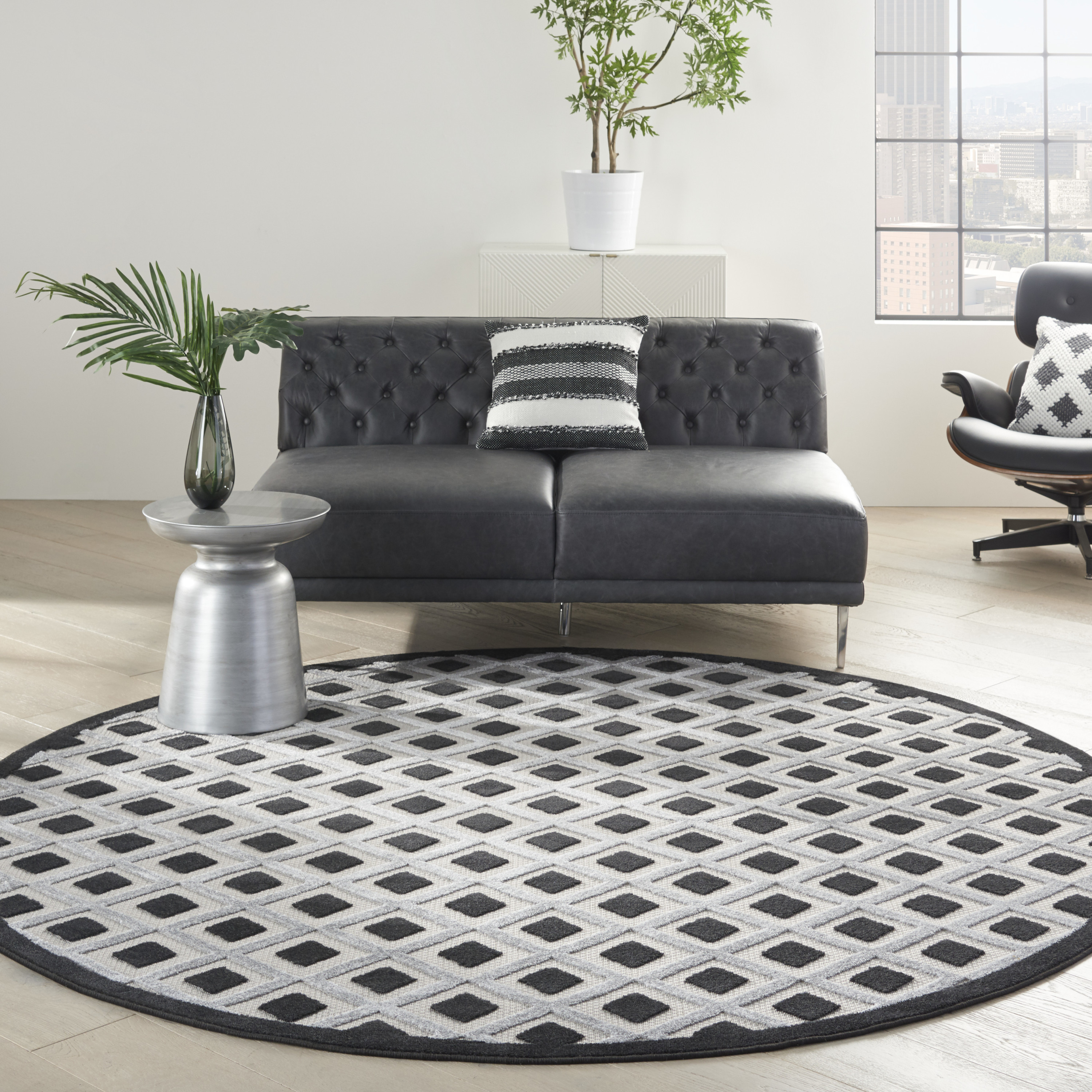 Nourison Aloha 7'10" x Round Black White Modern Rug