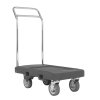 Flatbed utility dolly in dark gray with 6” pneumatic wheels, straps and chrome-plated handle