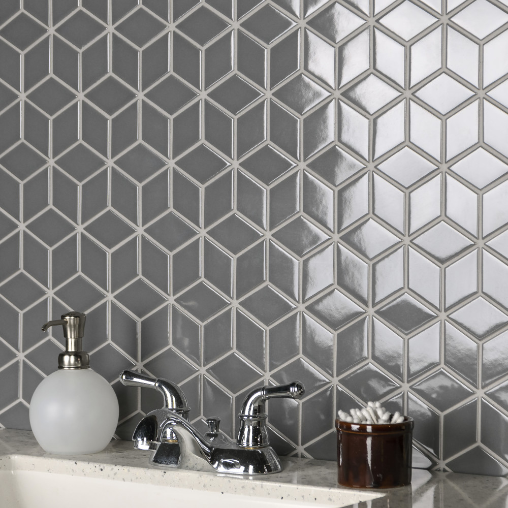 Metro Rhombus Glossy Grey 10-1/2 in. x 12-1/8 in. Porcelain Mosaic Tile ...