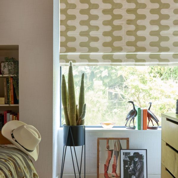 A beige-and-olive wavy-pattern Roman blind, partially lowered, filters bright garden light over a windowsill holding a potted cactus, bird bookends, books and framed photos in a bedroom corner.