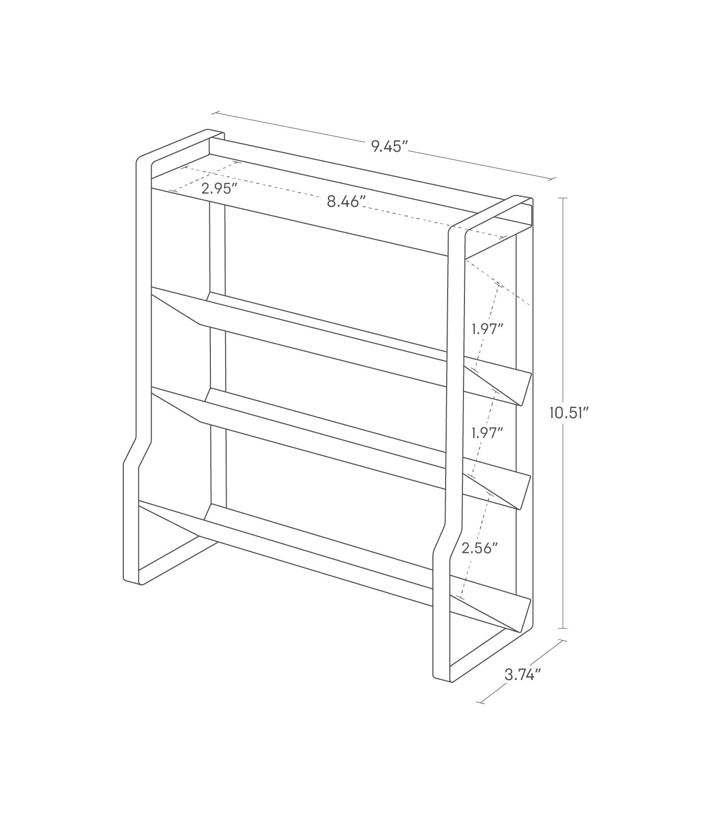 Dimension image for Four-Tier Slim Spice Rack showing rack dimensions: overall width 9.45", depth 2.95", pocket width 8.46", pocket heights 1.97", and base depth 3.74