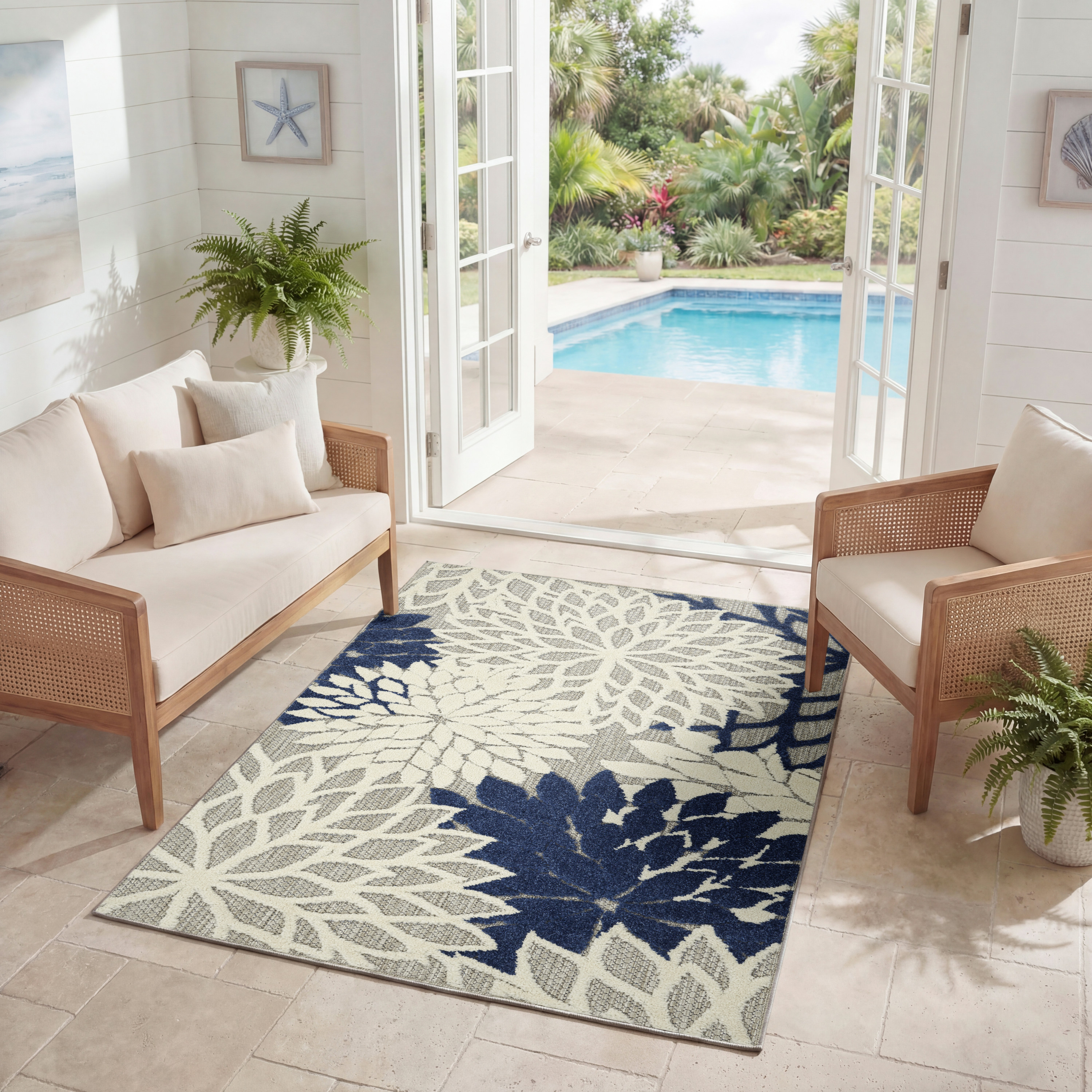Nourison Aloha 2'8" x 4' Ivory Navy Tropical Rug