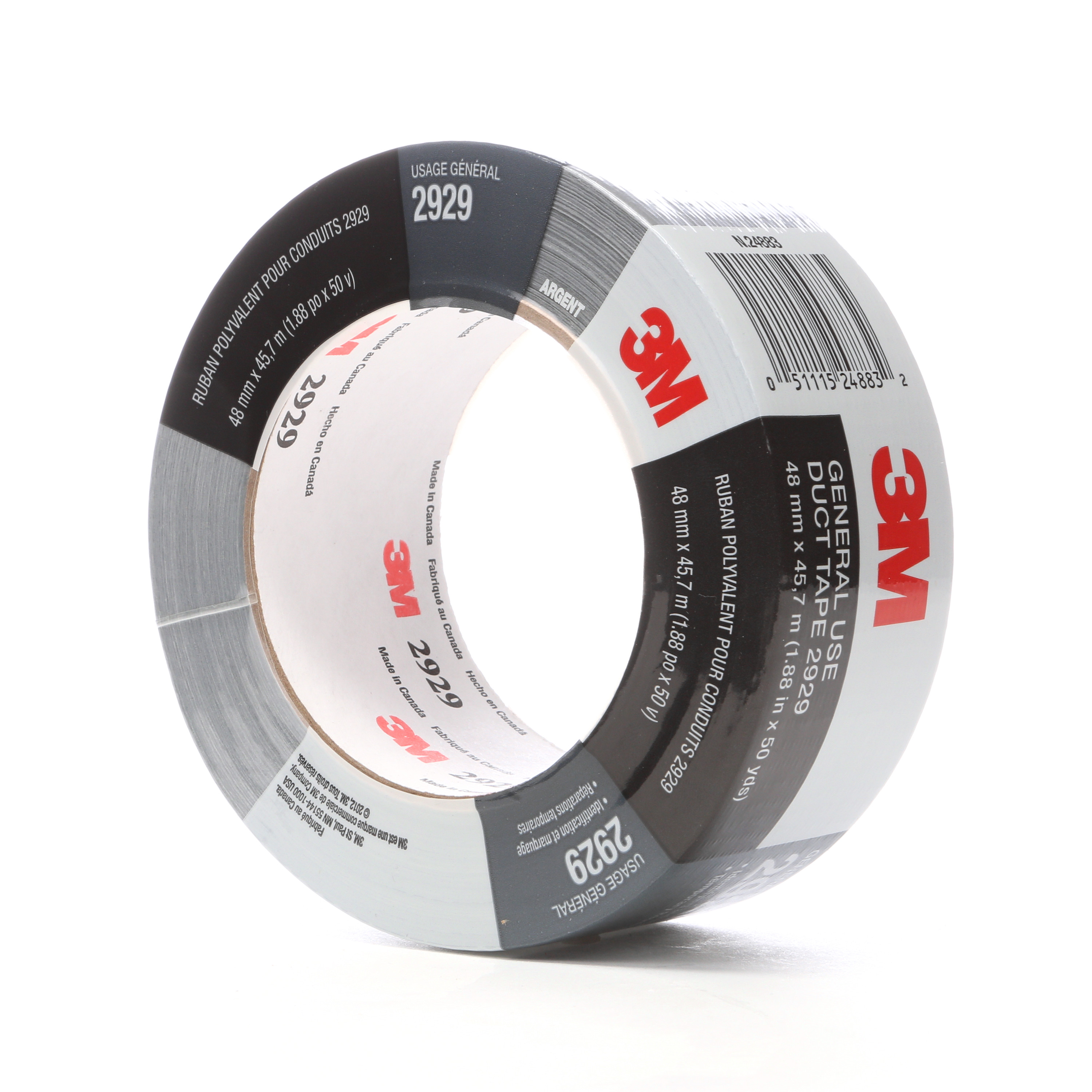 3M™ General Use Duct Tape 2929, Silver, 1.88 in x 50 yd, 5.5 mil, 24 per
case, Individually Wrapped Conveniently Packaged