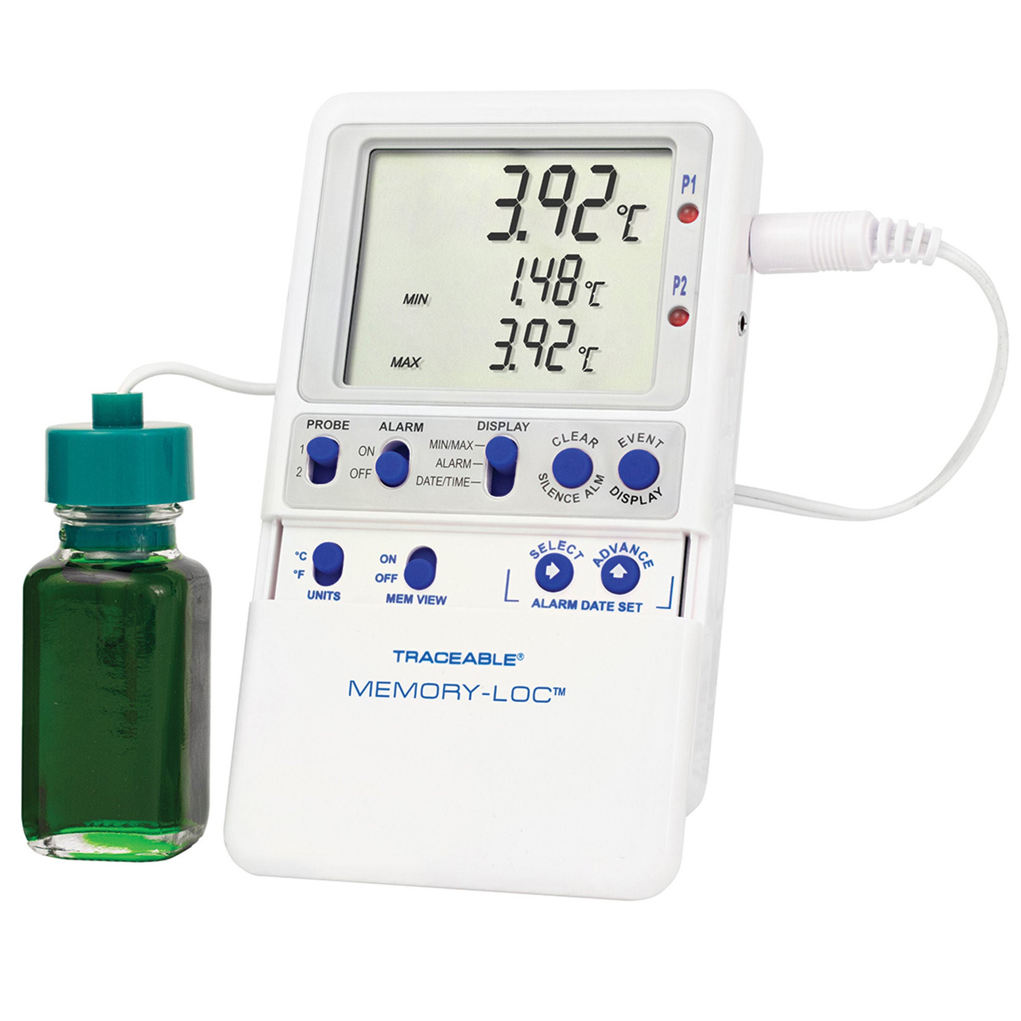 Datalogging Refrigerator / Freezer Thermometer with Alarm Traceable® Memory-Loc™ Fahrenheit / Celsius -58° to +158°F (-50° to +70°C) Glycol Bottle Probe Multiple Mounting Options Battery Operated