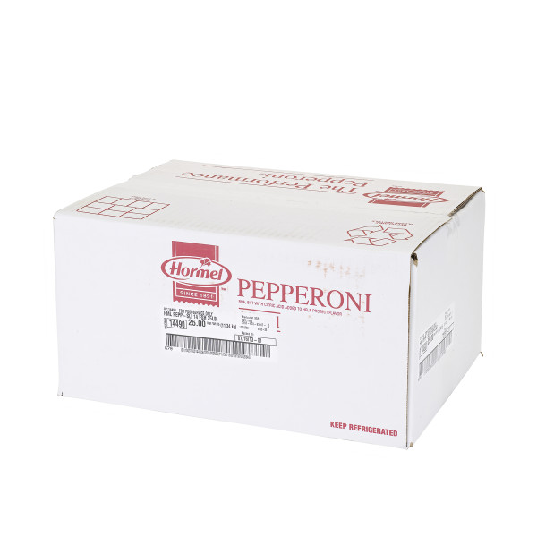 HORMEL(r) THE PERFORMANCE PEPPERONI(r), 14 slices per oz, 2/12.5 lb . C1RA - Front Right Closed Case (Hi Res)