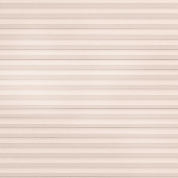 Beige pleated cellular blind covering the entire window, horizontal folded slats tightly closed; filtering soft, even daylight into a neutral interior with no visible frame or outside view.