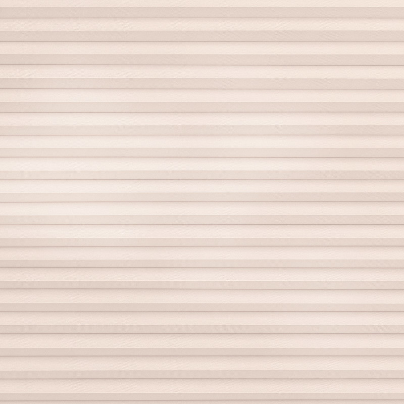 Beige pleated cellular blind covering the entire window, horizontal folded slats tightly closed; filtering soft, even daylight into a neutral interior with no visible frame or outside view.