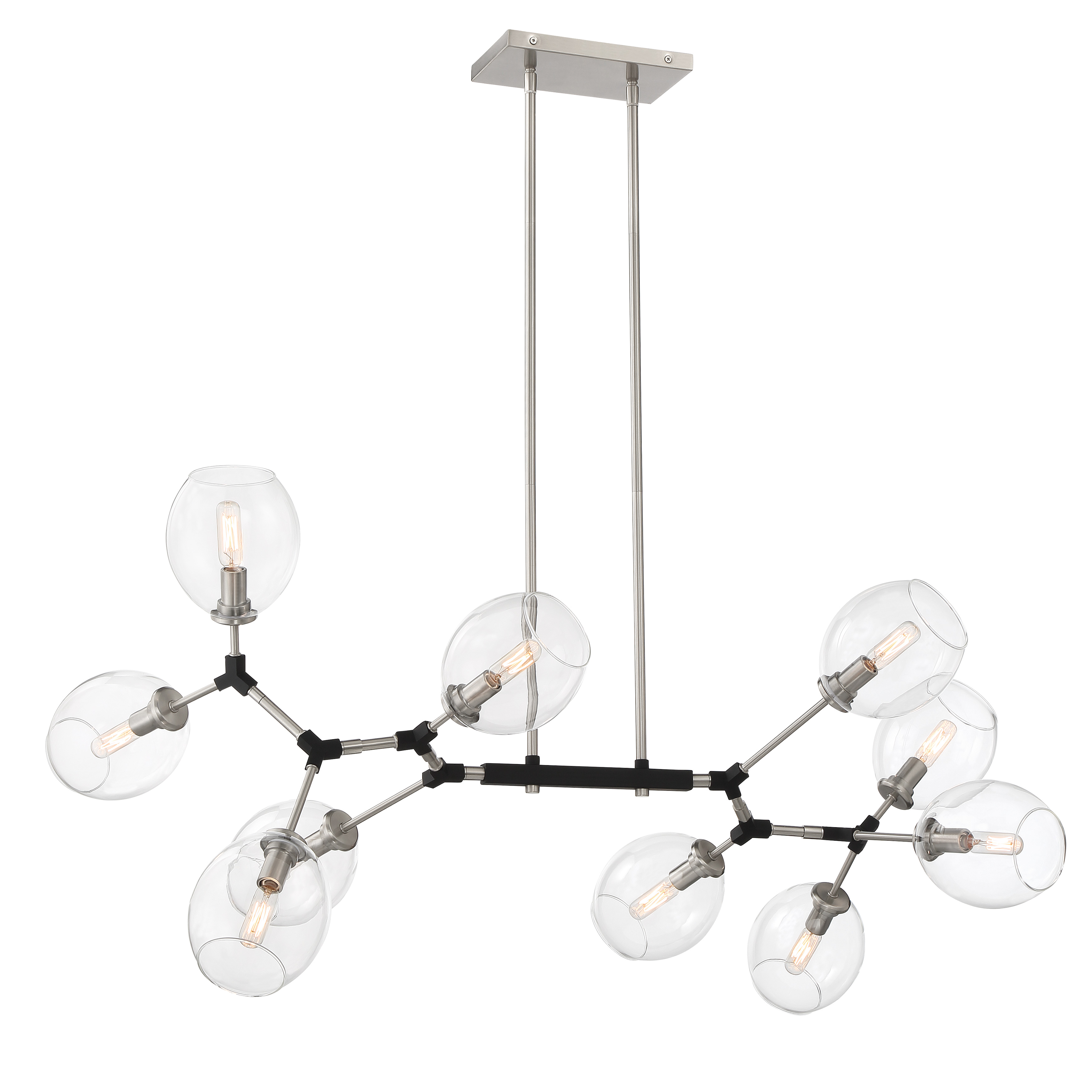 The Nexpo makes a bold statement with its expansive 50-inch linear design and 10 exposed bulbs. The coal black finish and clear glass shades create striking contrast, perfect for contemporary spaces needing dramatic overhead lighting. - alternate view