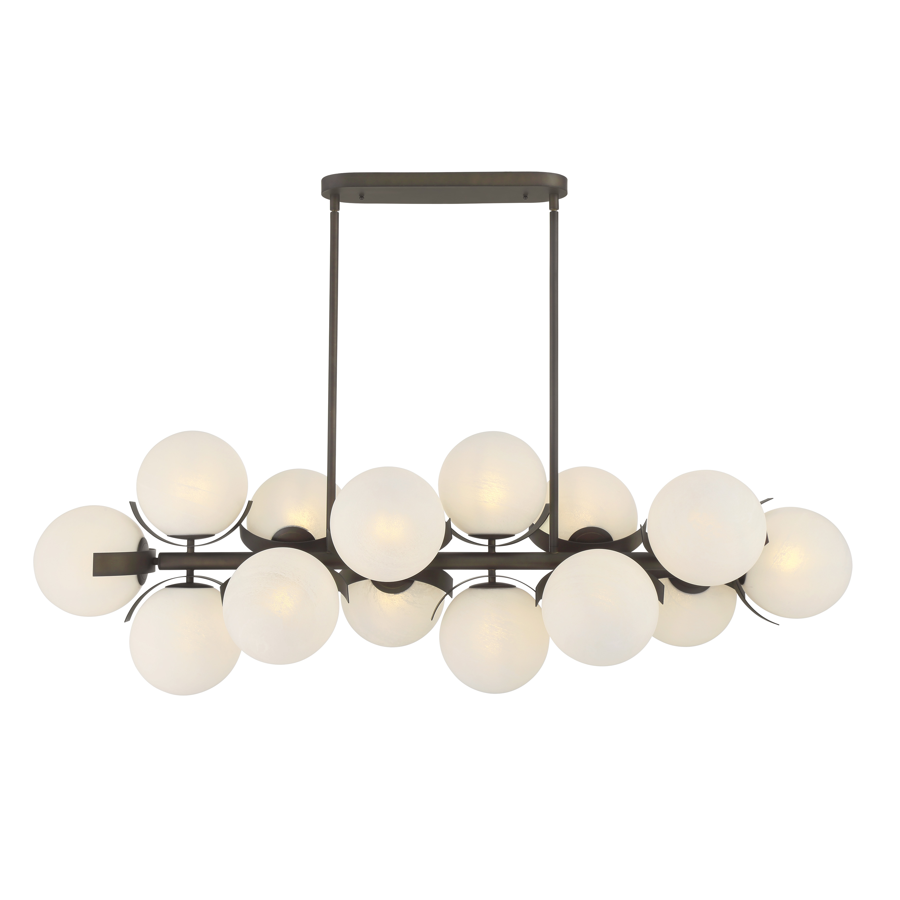The Vino island chandelier combines transitional elegance with practical illumination. Its 57-inch linear design and 14 lights provide exceptional coverage for large islands and dining tables, while etched alabaster glass shades create warm, diffused light. - alternate view