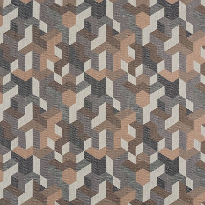 Geometric wallpaper with tessellating three-dimensional chevrons and hexagonal blocks, forming optical cube illusions; repeating pattern in muted beige, brown, and gray tones on a textured flat surface.