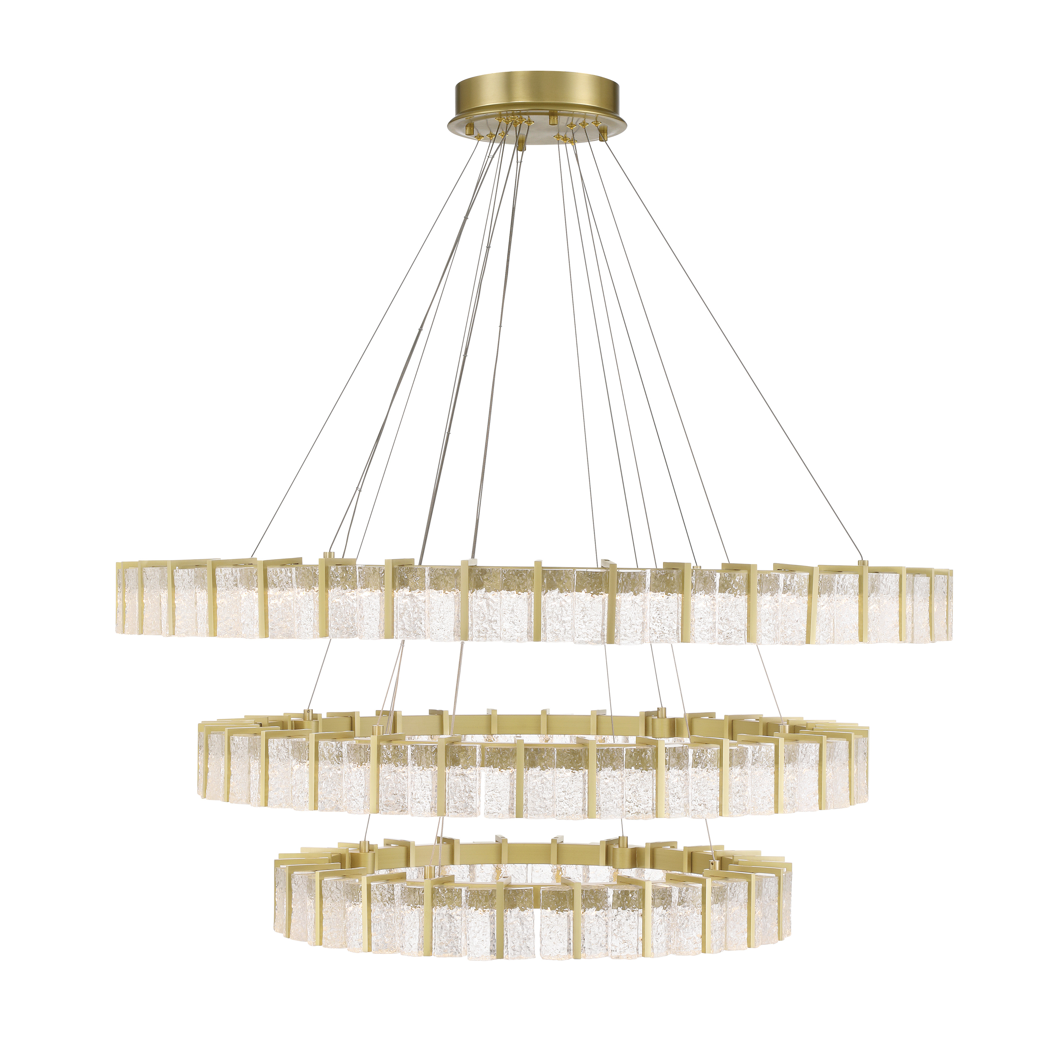 The Sevryn 44.5" LED Chandelier combines contemporary design with warm soft brass finish and clear textured glass for sophisticated illumination. Its substantial 44.5-inch width makes it perfect for large dining tables and kitchen islands. - alternate view