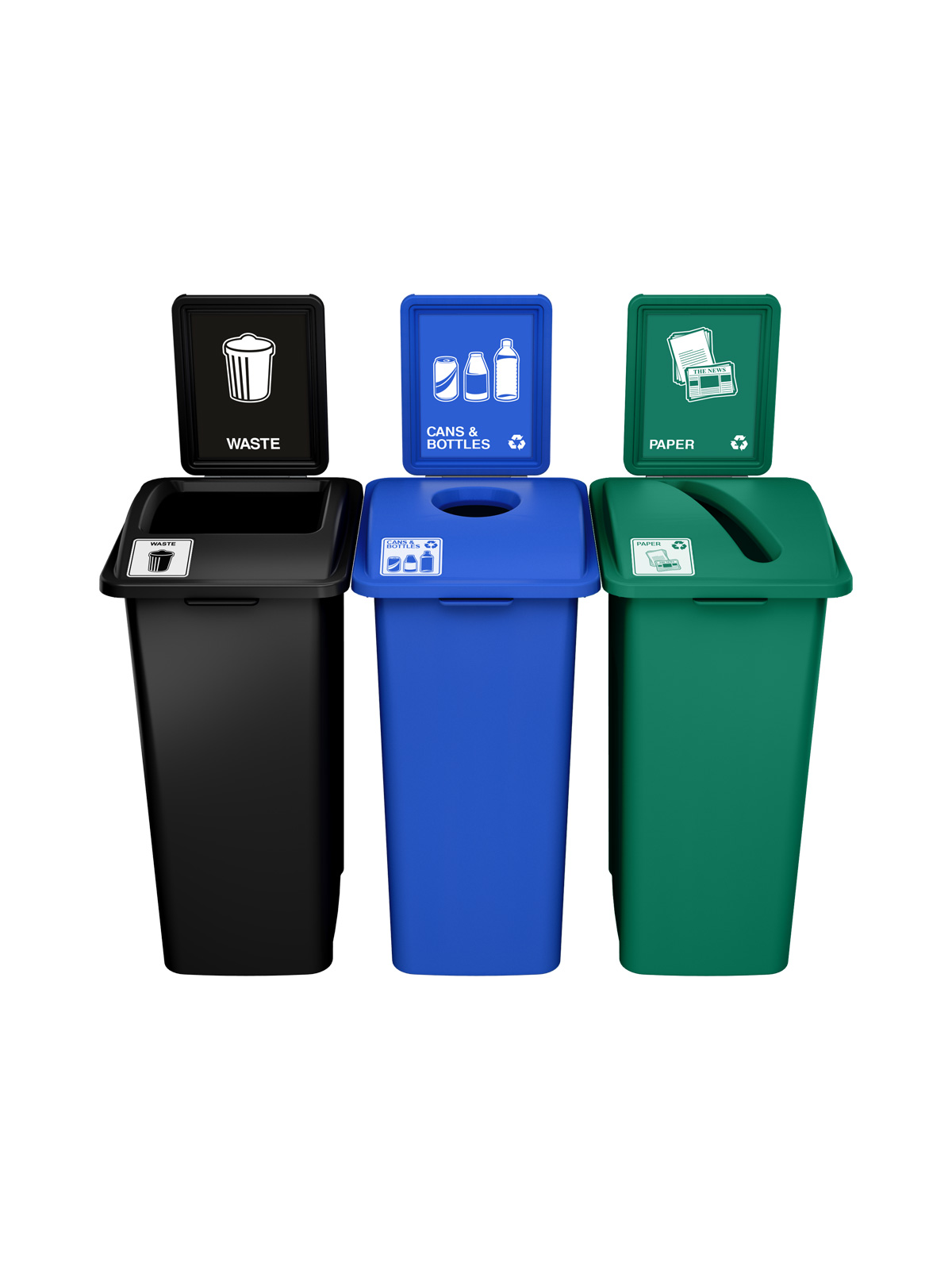 WASTE WATCHER – Triple – Kit – Xl – Waste-Cans & Bottles-Paper – Full-Circle-Slot – Black-Blue-Green