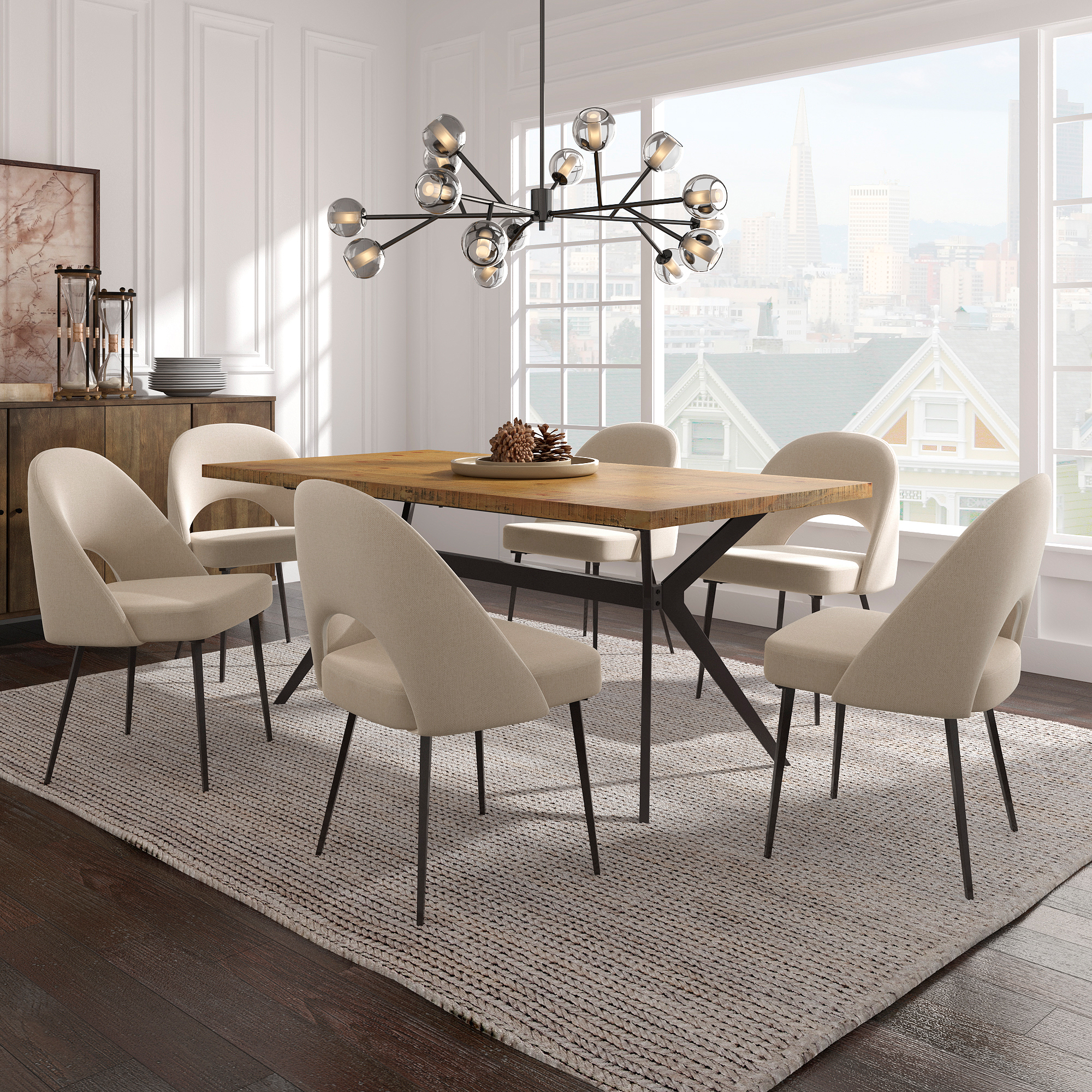 Wood Finish Dining Table with Upholstered Chairs Set