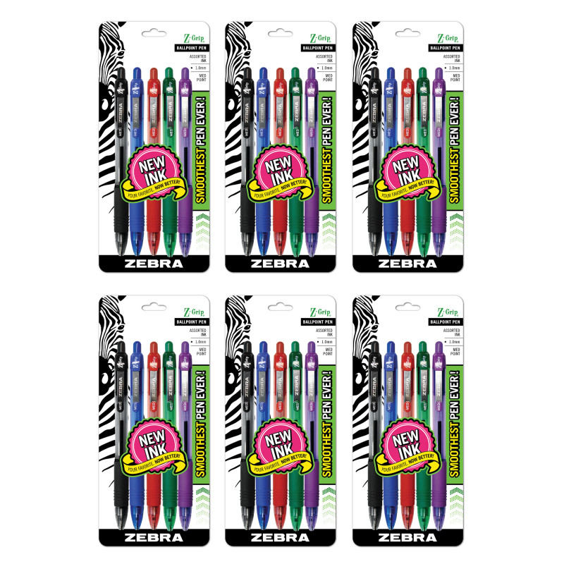 Z-Grip® Ballpoint Retractable Pen, 1.0mm, Assorted, 5 Per Pack, 6 Packs
