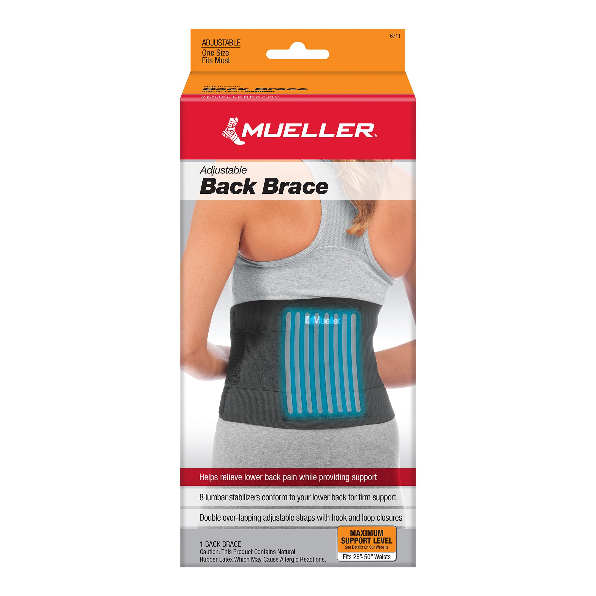 Back Brace Mueller One Size Fits Most Hook and Loop Strap Closure 28 to 50 Inch Waist Circumference Adult MK 1141668