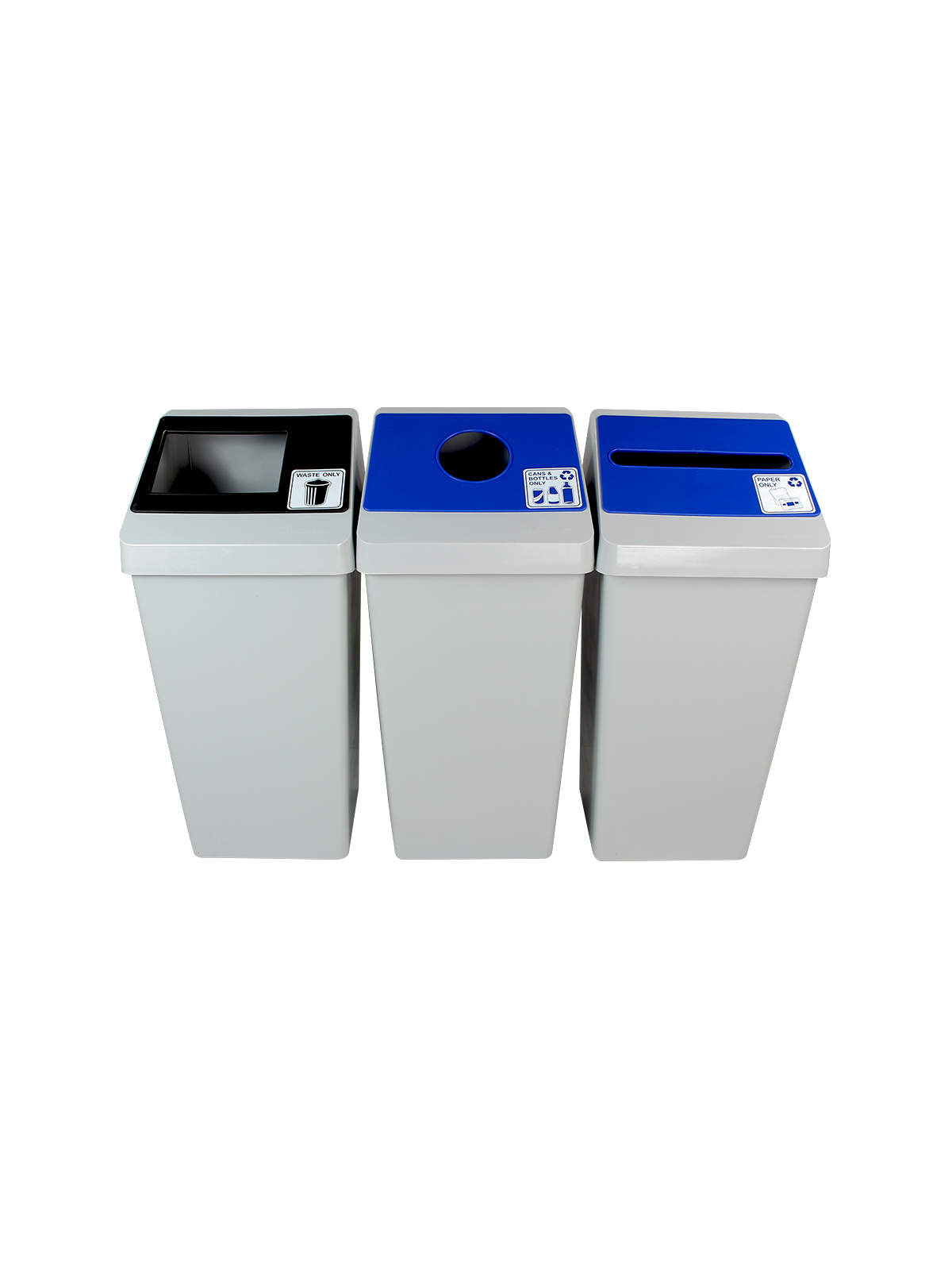 SMART SORT – Triple – Kit – Cans & Bottles-Paper-Waste – Circle-Slot-Full – Grey-Blue-Blue-Black
