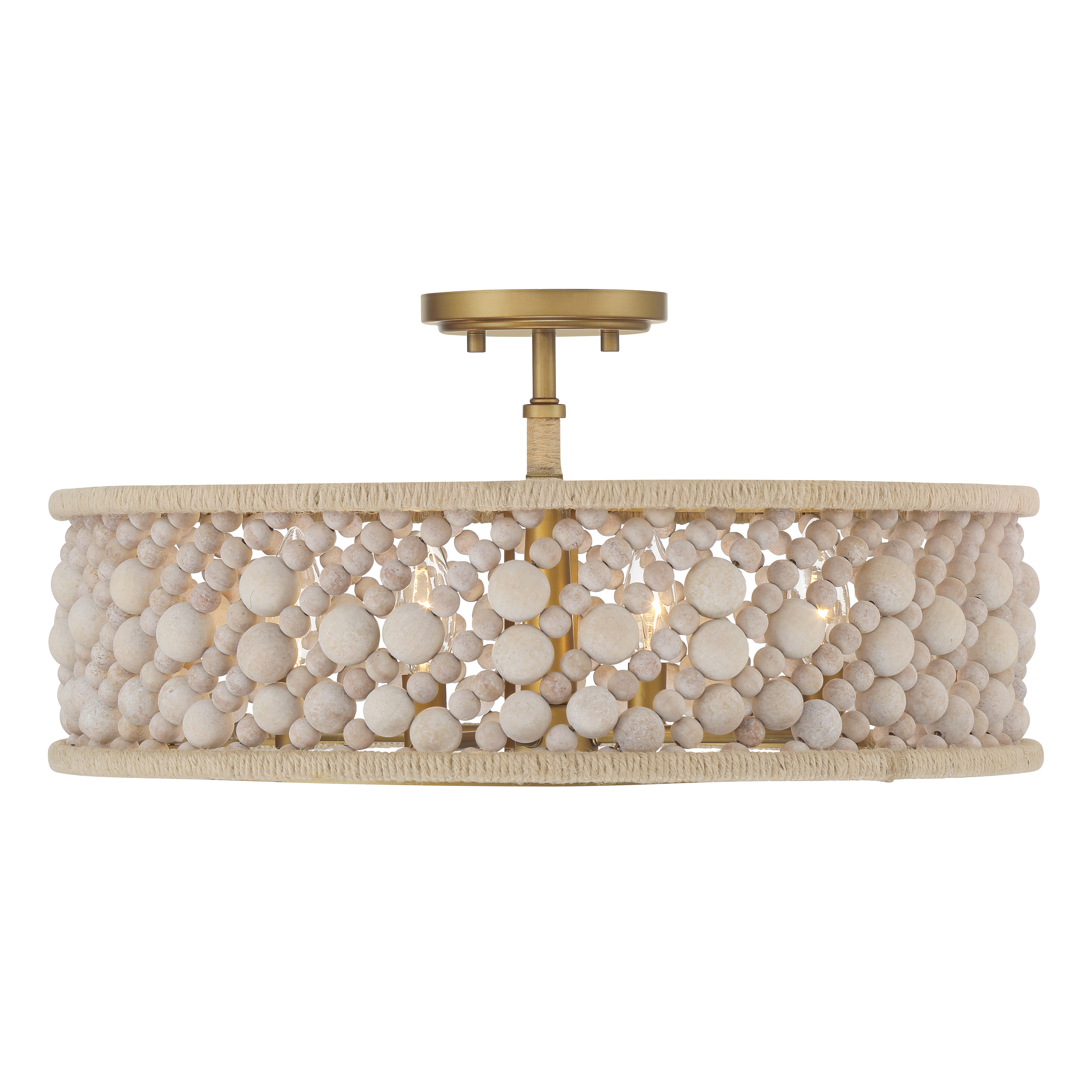 The Horsmore brings organic warmth to any space with its bleached wooden beads and painted brass finish. This 20-inch semi-flush mount combines natural materials with modern sensibility, perfect for coastal or organic modern interiors. - alternate view