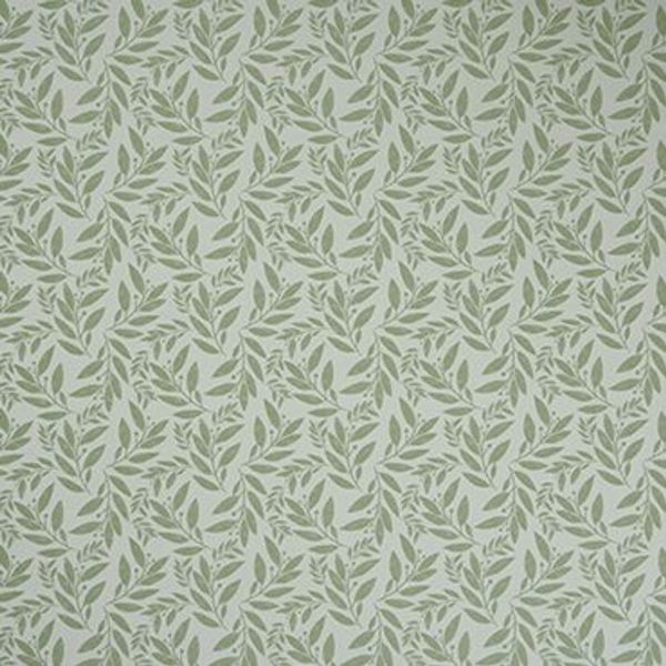 Wallpaper with repeating olive-green leaf motif covers a flat interior wall, decorating the pale muted surface; subtle textured finish and evenly spaced botanical pattern.