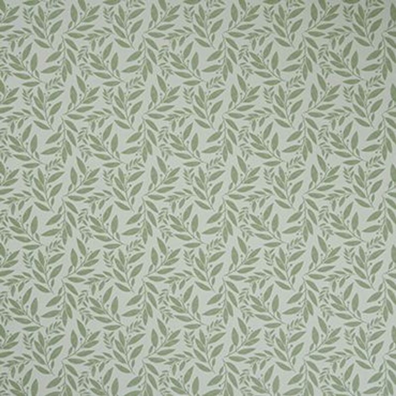 Wallpaper with repeating olive-green leaf motif covers a flat interior wall, decorating the pale muted surface; subtle textured finish and evenly spaced botanical pattern.