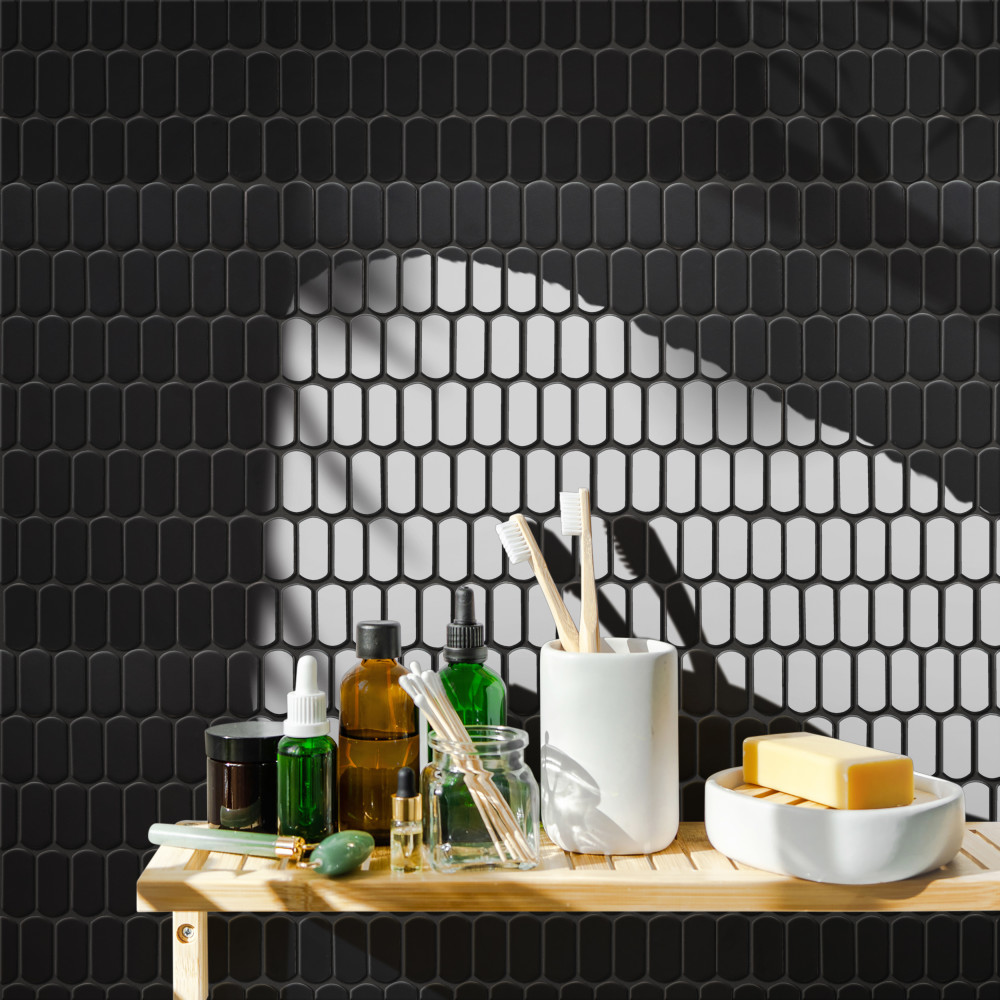 Hudson Capsule Glossy Black 12-1/4 in. x 13-1/8 in. Porcelain Mosaic Tile