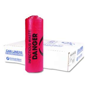 Inteplast,  LLDPE Biohazard Liner, 33 gal Capacity, 33 in Wide, 39 in High, 1.3 Mils Thick, Red