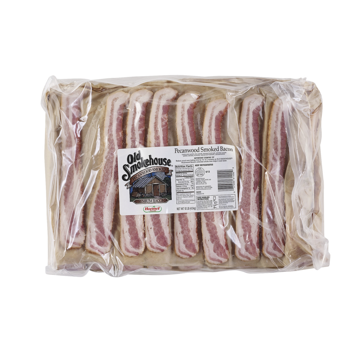 OLD SMOKEHOUSE(r) Bacon, Pecanwood Smoked, 9/13 slice, 2/10lb. . C1CB - Front Center Inner Pack (Hi Res)
