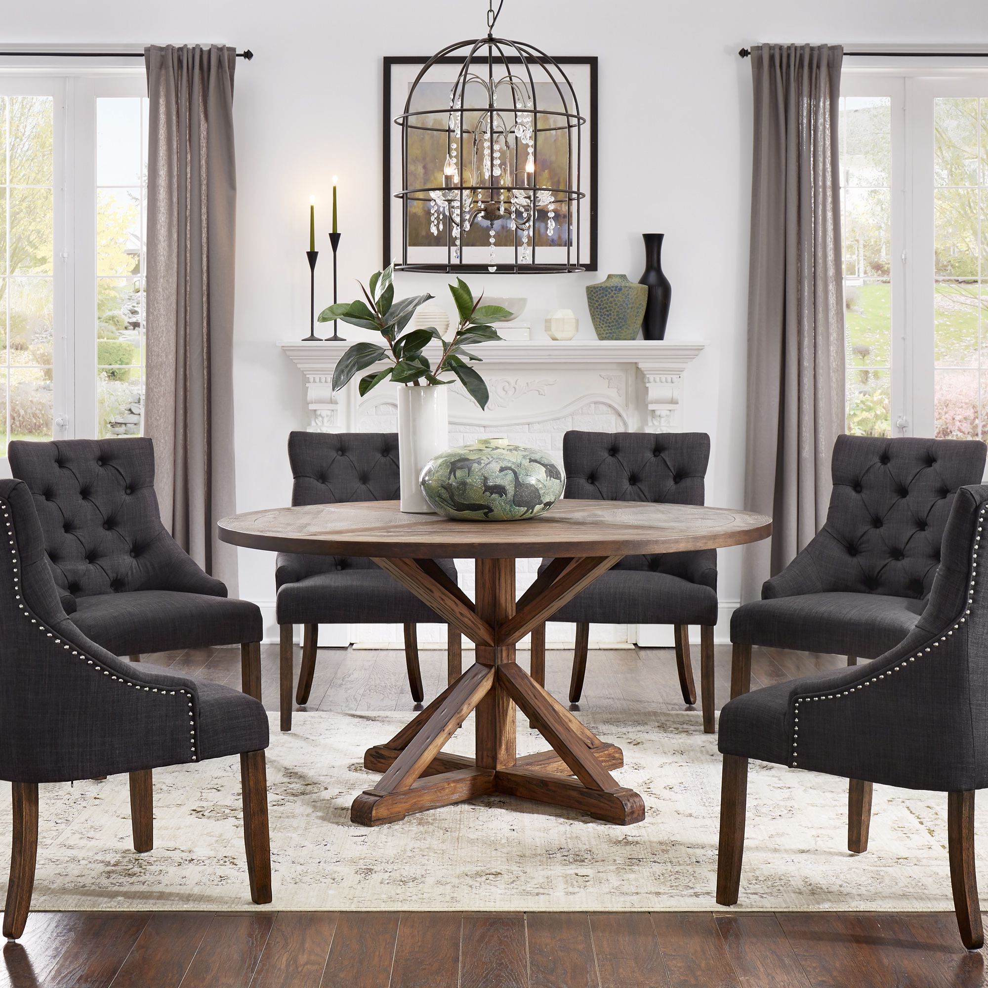 Round 7-Piece Dining Set with Wingback Chairs