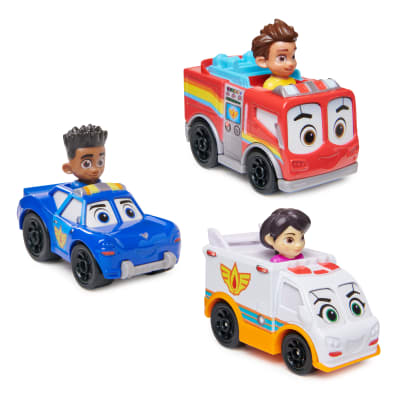 Disney Junior Firebuds, Équipe de secours en route, 3 véhicules en métal moulés : camion de pompier, ambulance et voiture de police, jouets pour filles et garçons à partir de 3 ans