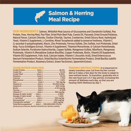<p>Salmon, Whitefish Meal (source of Glucosamine and Chondroitin Sulfate), Pea Protein, Peas, Herring Meal, Pea Fiber, Dried Plain Beet Pulp, Canola Oil, Flaxseed, Dried Ground Potatoes, Natural Flavor, Calcium Chloride, Choline Chloride, Taurine, Cranberries, Dried Chicory Root, Hydrolyzed Yeast, Vitamin E Supplement, L-Carnitine, Mixed Tocopherols added to preserve freshness, Vitamin C (L-ascorbyl-2-polyphosphate), Niacin, Zinc Proteinate, Ferrous Sulfate, Zinc Sulfate, Iron Proteinate, Dried Kelp, Yucca Schidigera Extract, Vitamin A Supplement, Thiamine Mononitrate, d-Calcium Pantothenate, Sodium Selenite, Pyridoxine Hydrochloride, Copper Sulfate, Manganese Sulfate, Riboflavin, Manganese Proteinate, Vitamin K (Menadione Sodium Bisulfite), Copper Proteinate, Biotin, Vitamin D3 Supplement, Vitamin B12 Supplement, Folic Acid, Calcium Iodate, Vitamin C (Ascorbic Acid), Dried Enterococcus faecium Fermentation Product, Dried Bacillus licheniformis Fermentation Product, Dried Bacillus subtilis Fermentation Product, Rosemary Extract, Green Tea Extract, Spearmint Extract.</p>
