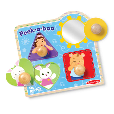 Melissa & Doug Ms. Rachel Wooden Peek-a-Boo Jumbo Peg Puzzle, 4-Piece with Mirror, Toddler Toys for Boys and Girls Ages 1+ Years