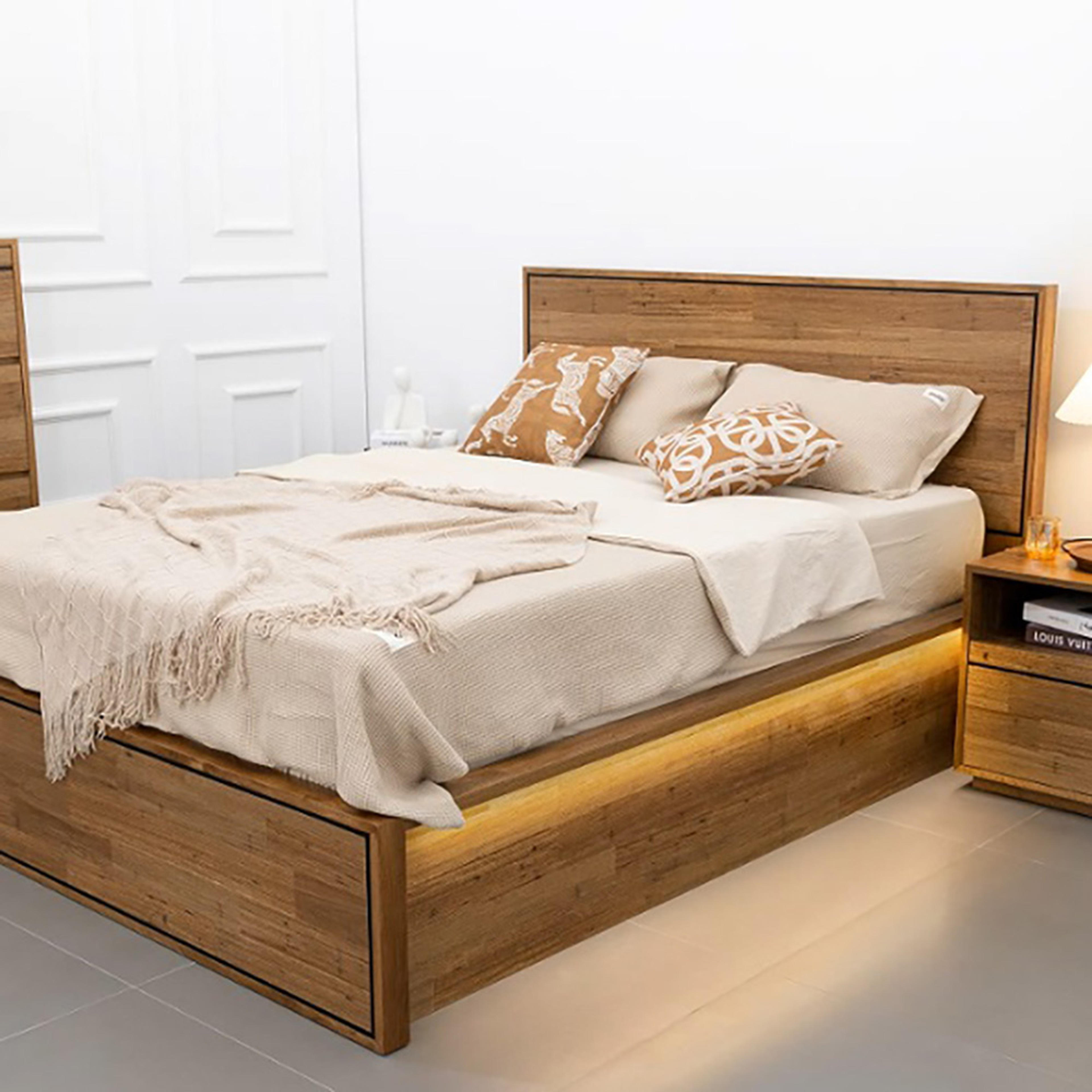 Lifestyle image of the  Colorado Bed Frame, W/ Led & Usb Headboard & Gas Lift Base, Natural from Forty Winks