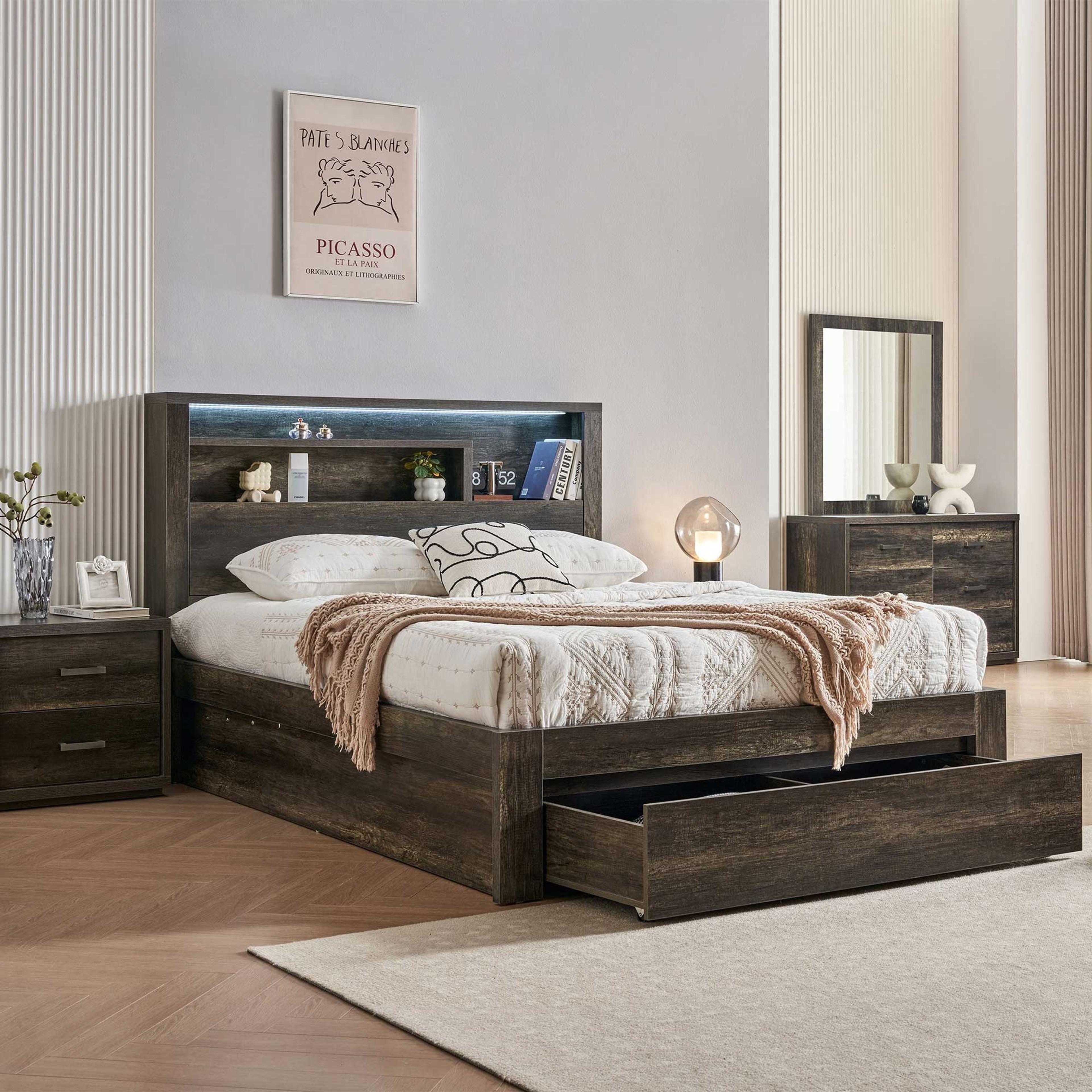 Lifestyle image of the  Bellevue Bed Frame, Front Slat Gas Lift & End Drawer Base, Charcoal from Forty Winks