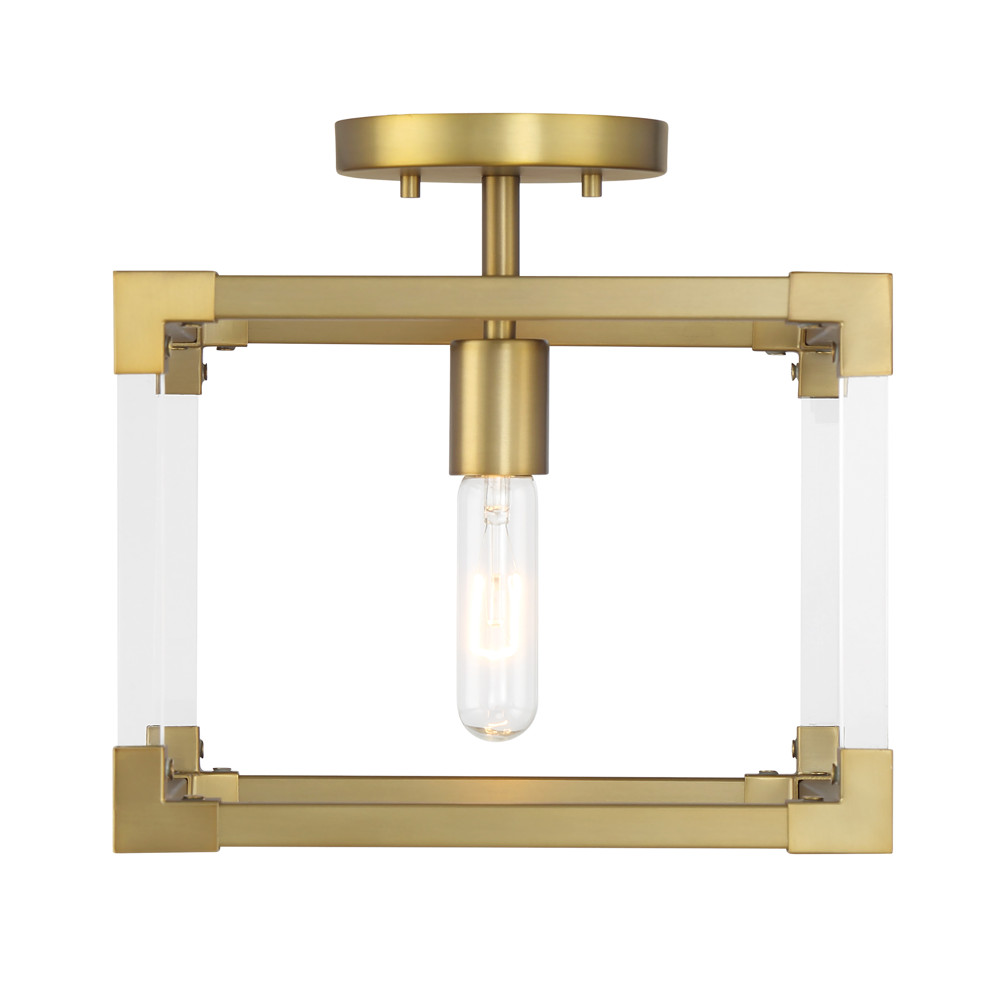 The Oro District semi-flush mount combines warm soft brass finish with clear acrylic accents for a contemporary look. Its compact 11-inch profile makes it ideal for smaller spaces with lower ceilings. - alternate view