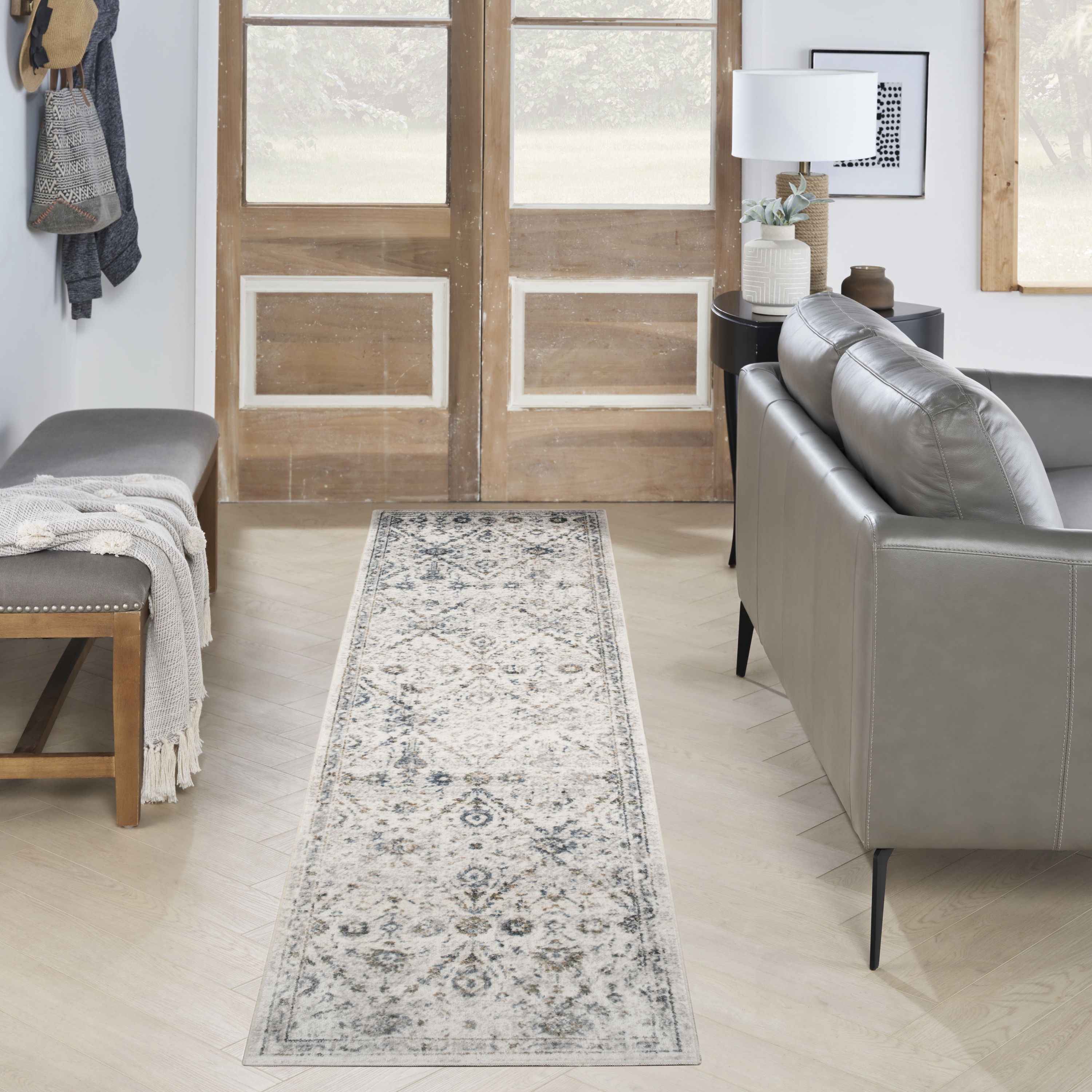 Nourison Astra Machine Washable 2'2" x 8' Ivory Blue Vintage Indoor Rug