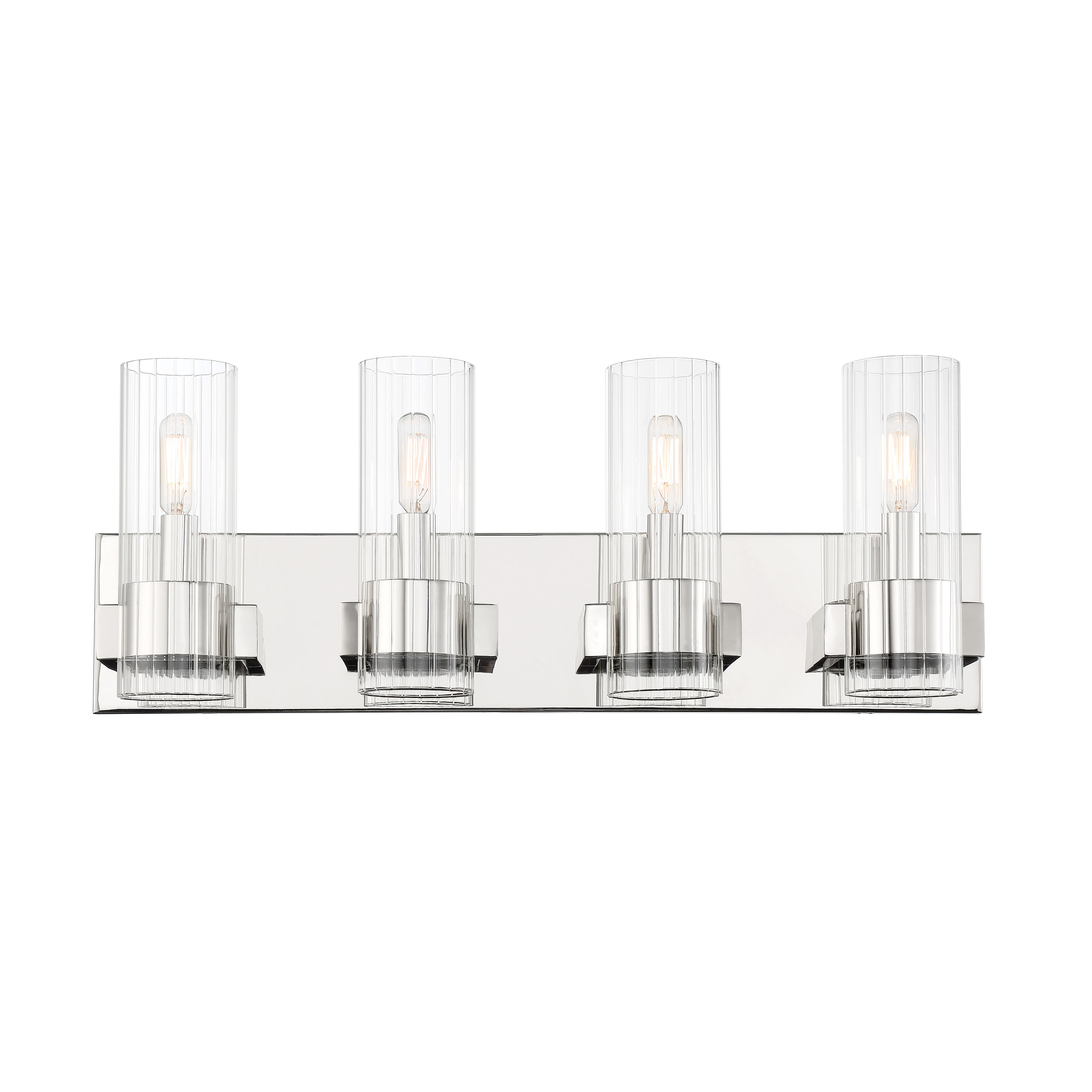 The Vernon Place 4-Light Bath Vanity combines transitional elegance with practical illumination. Its 24.5-inch width and chrome finish make it ideal for medium to large vanities, while clear ribbed glass shades add texture and visual interest. - alternate view