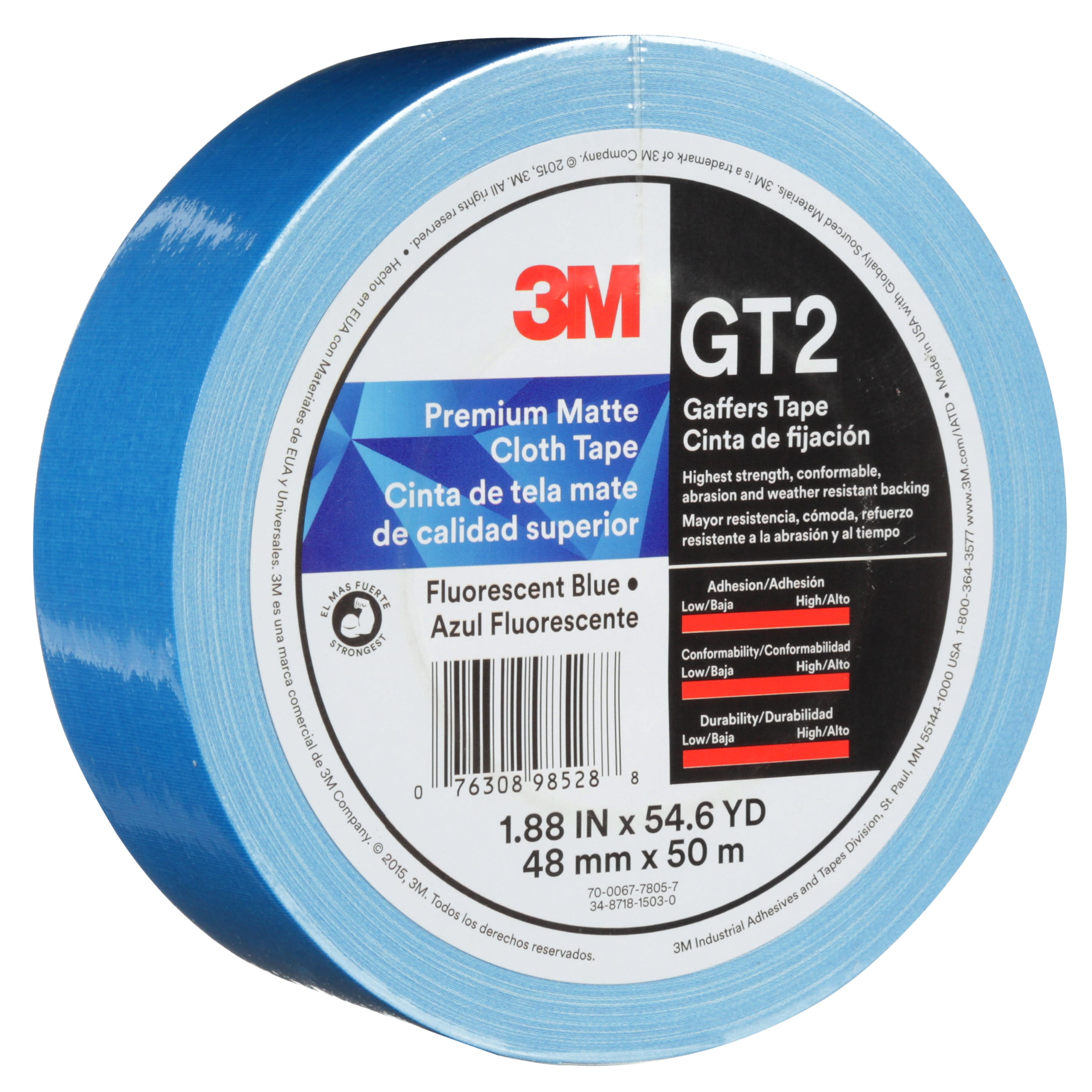 3M™ Premium Matte Cloth (Gaffers) Tape GT2, Fluorescent Blue, 48 mm x 50
m, 11 mil, 24 per case