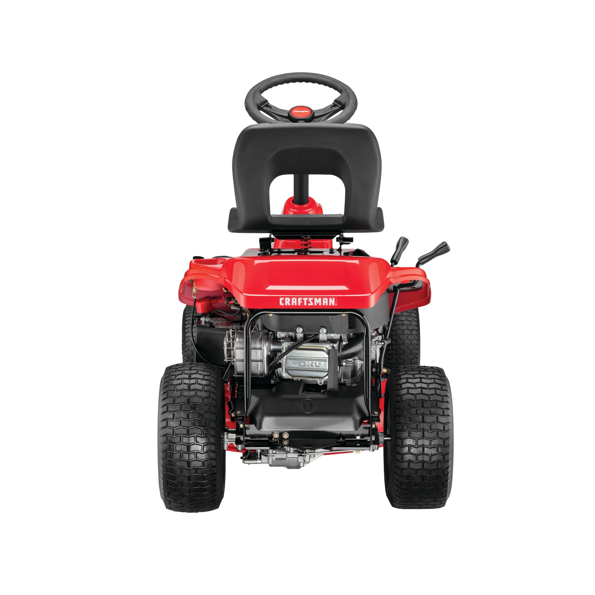 Left profile of 30 inch 10 h p gear drive mini riding mower with mulching kit.