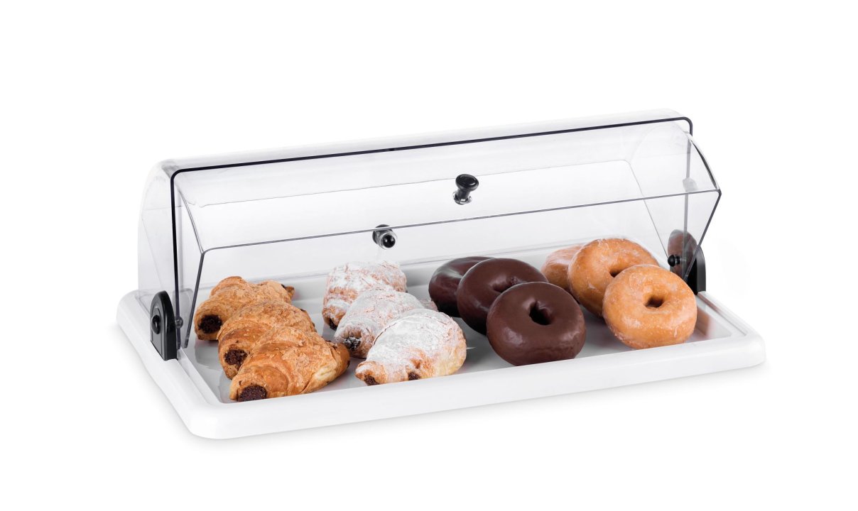 Rectangular display cabinet 40 x 24.5 plastic with white base and rolltop lid