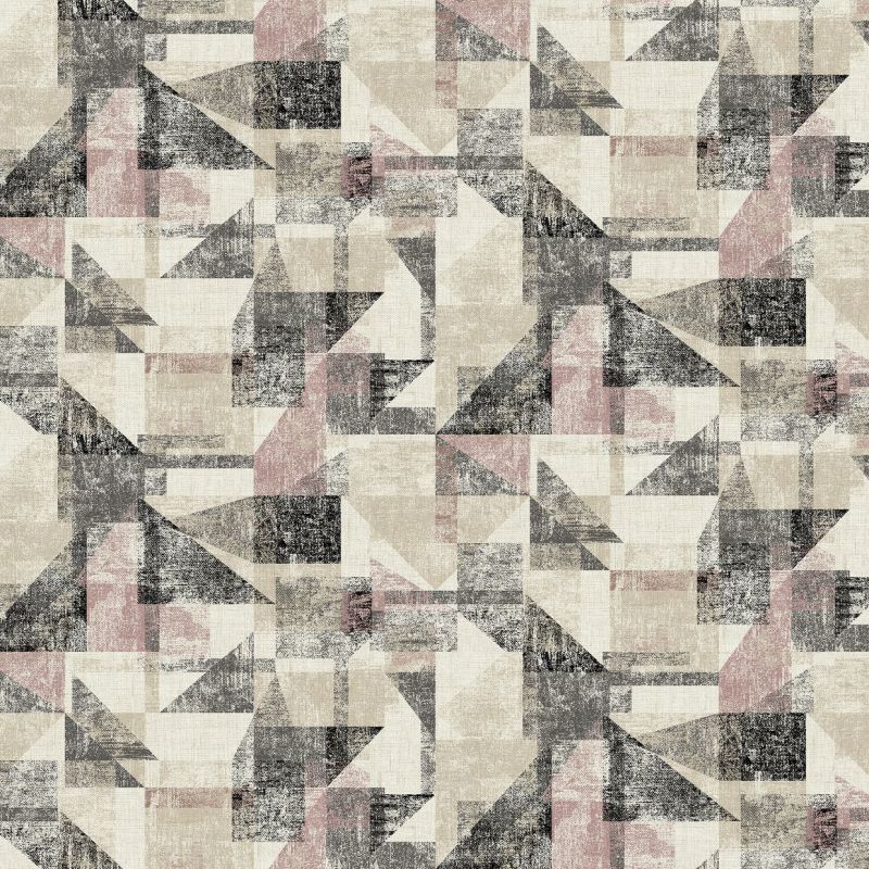 Distressed geometric wallpaper featuring overlapping triangles and rectangles across the surface; appearing layered and worn, with faded black, beige, and muted rose tones on a textured neutral background.