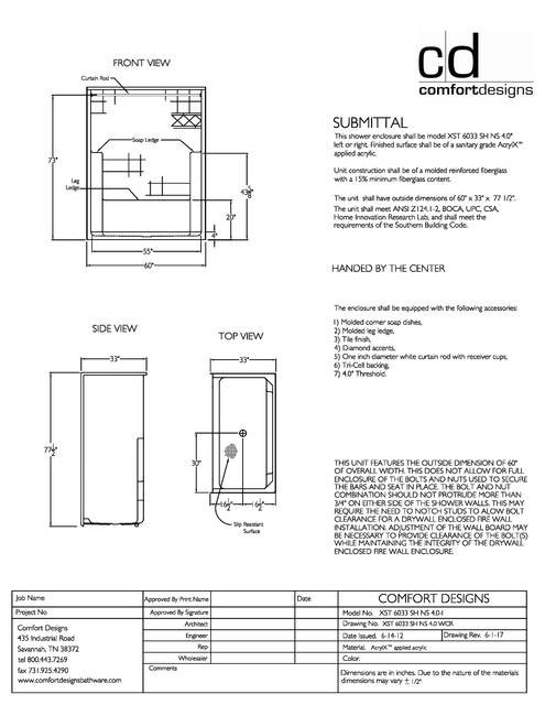 Spec Sheet — Cd Shower Spec Sheet Xst 6033 Sh Ns