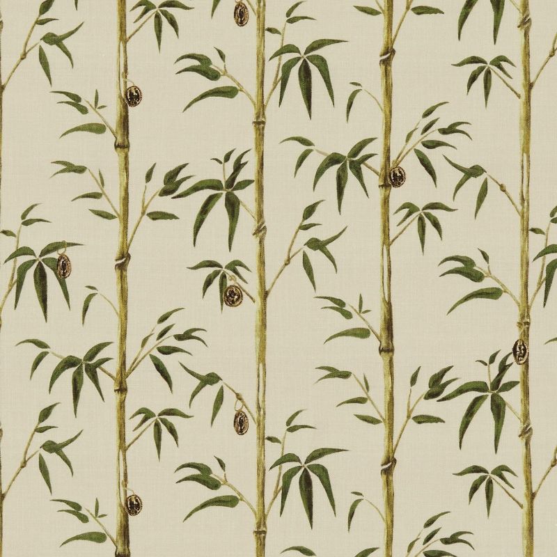 Vertical bamboo-patterned wallpaper depicting slender green bamboo stalks with lanceolate leaves and hanging seed-pod ornaments, arranged in vertical rows on a neutral beige background, flat decorative surface.
